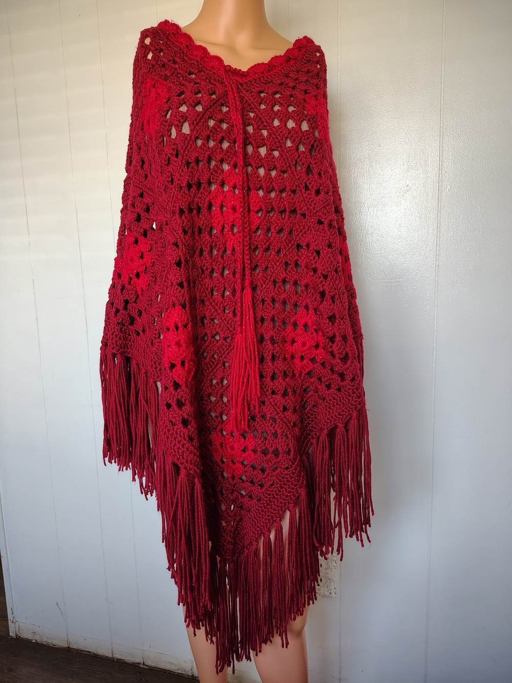 Handmade Crochet Fringe Poncho in Deep Red